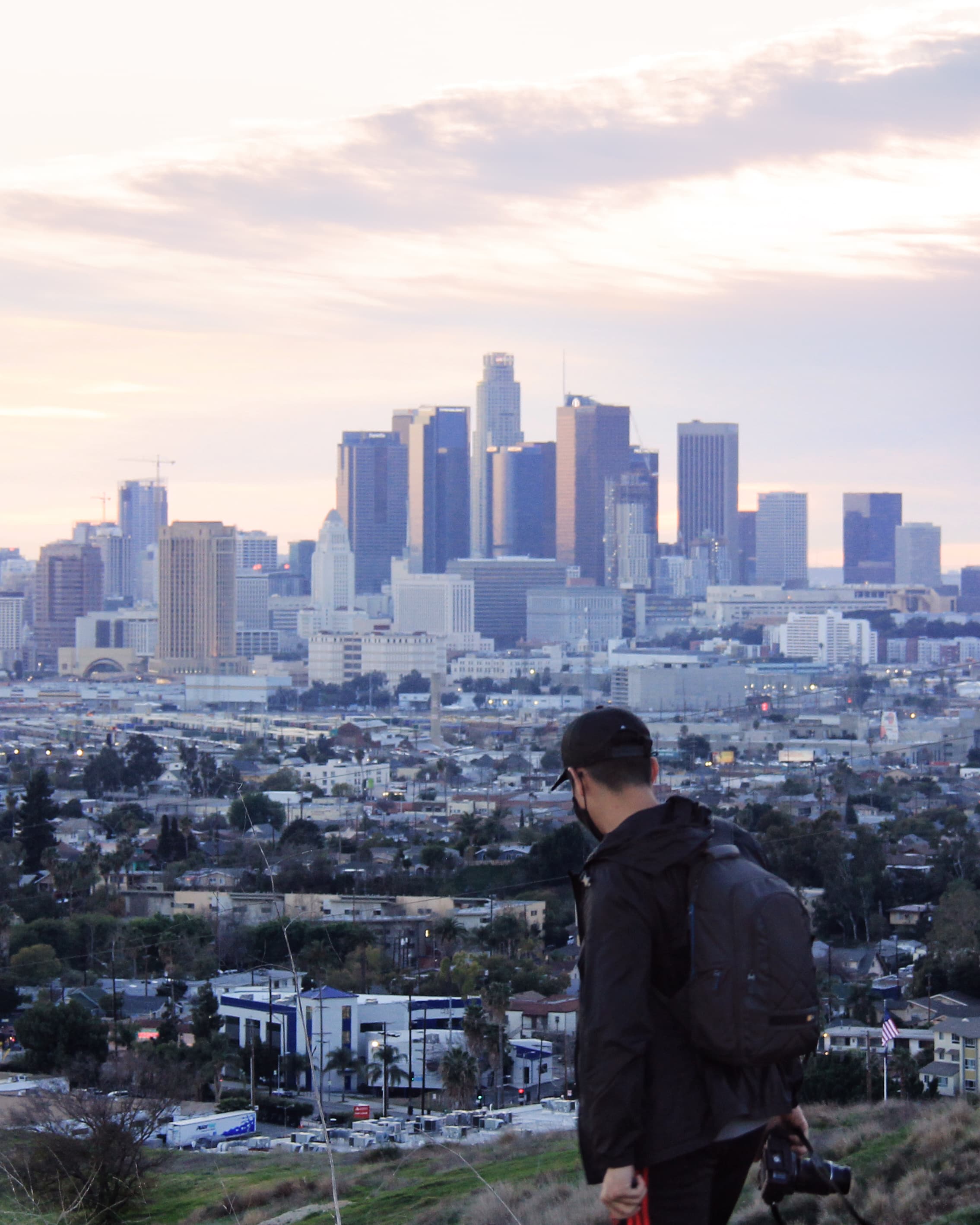 Author overlooking the downtown los angeles skyline.